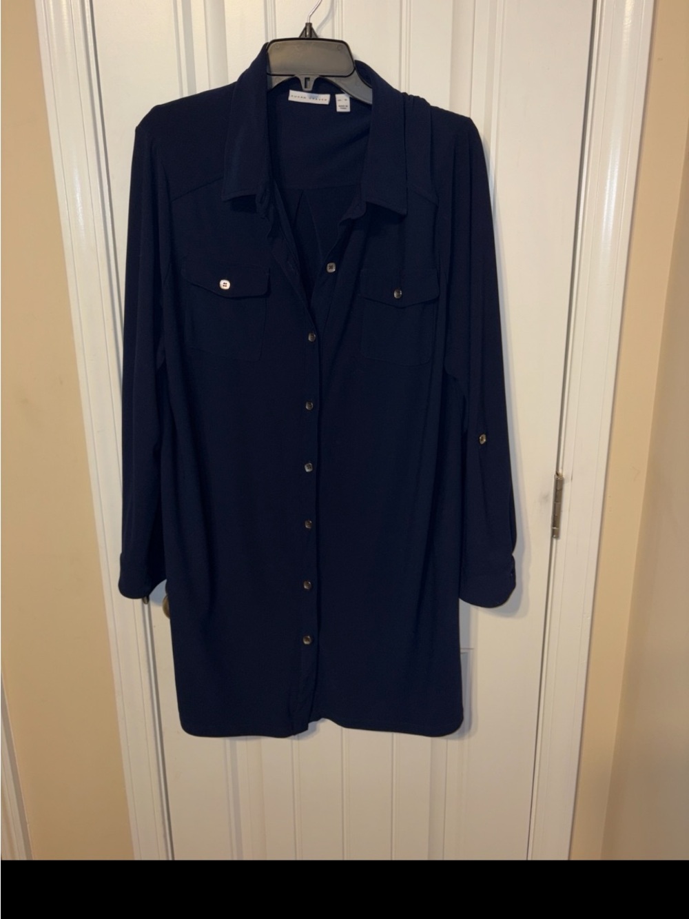 Susan Graver Navy Long Sleeve Button-Front Shirt Dress